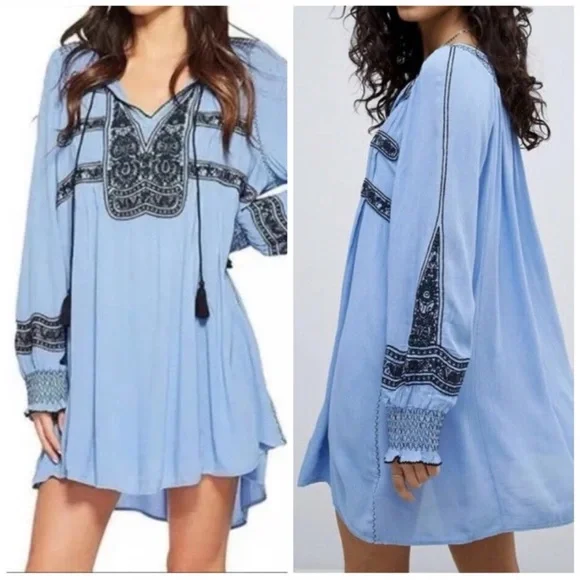 Free People Wind Willow Embroidered V-Neck Mini Dress in Blue - Picture 2 of 10
